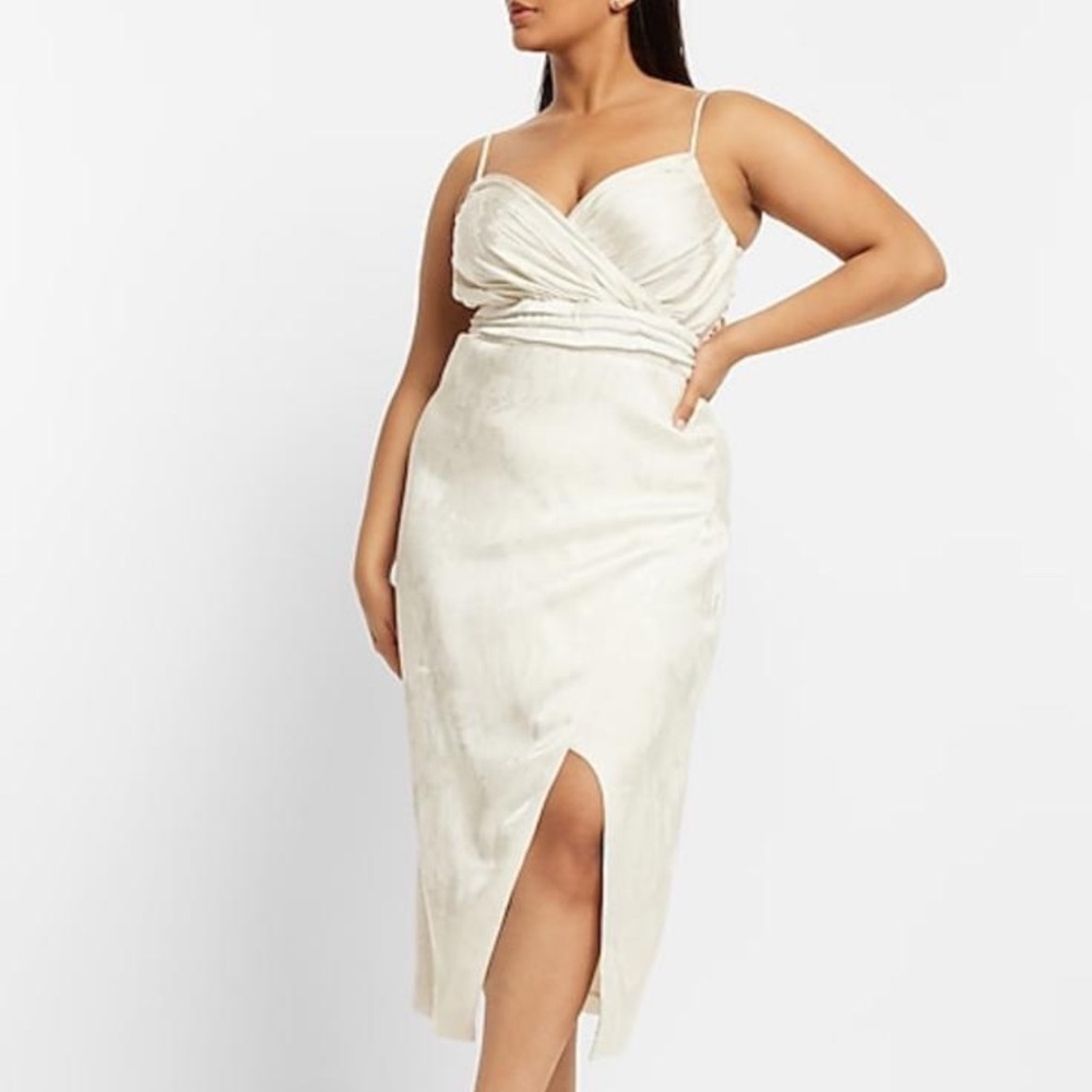 Express White Ruched Slip Elegant Dress with Spaghetti Strap